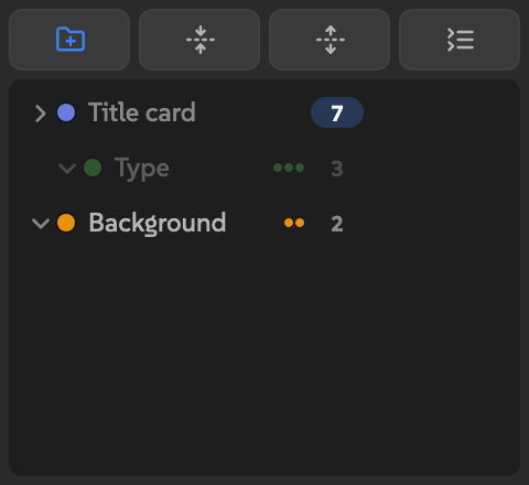 Accordion in a half-width slot with four icon-only toolbar buttons and a nested group tree.