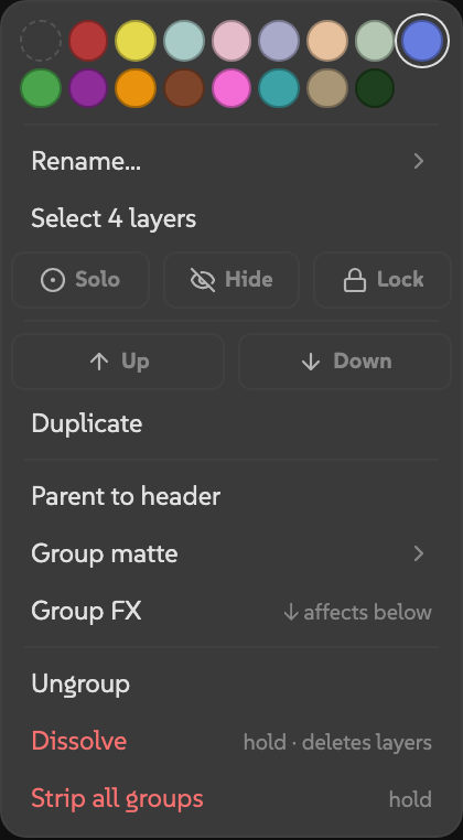 Accordion group menu showing label swatches, Rename, selection, state controls, movement, Duplicate, parenting, matte, Group FX, Ungroup, Dissolve, and Strip all groups.