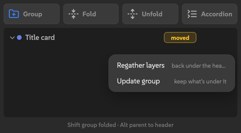 A moved badge on Title card with Regather layers and Update group repair choices open.