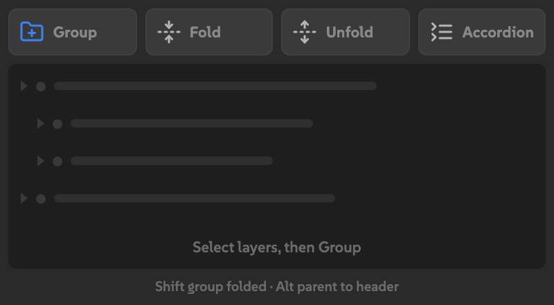 Accordion before the first group, with Group, Fold, Unfold, Accordion, and the prompt Select layers, then Group.