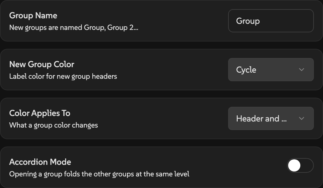 Accordion's four settings with Group Name set to Group, New Group Color set to Cycle, Color Applies To set to Header and members, and Accordion Mode off.
