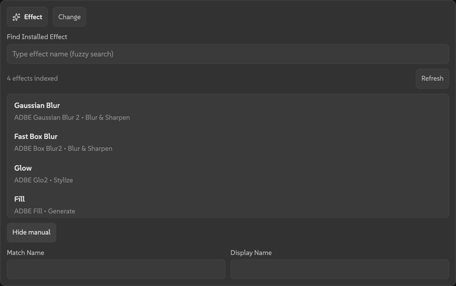 AEbar editor in manual mode showing text fields for match name and display name.