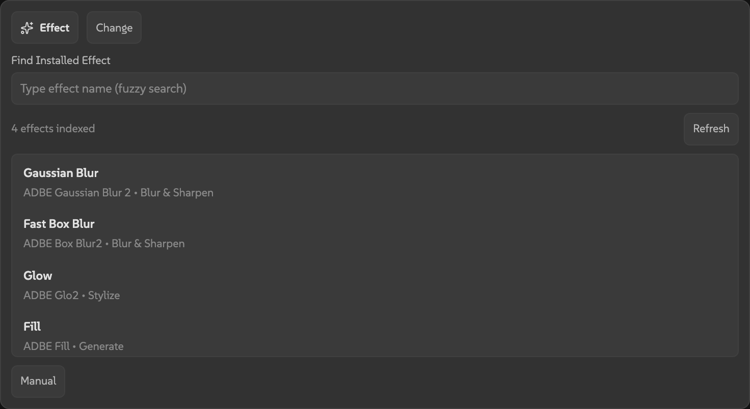 AEbar editor showing the effect search list with installed effects grouped by category.