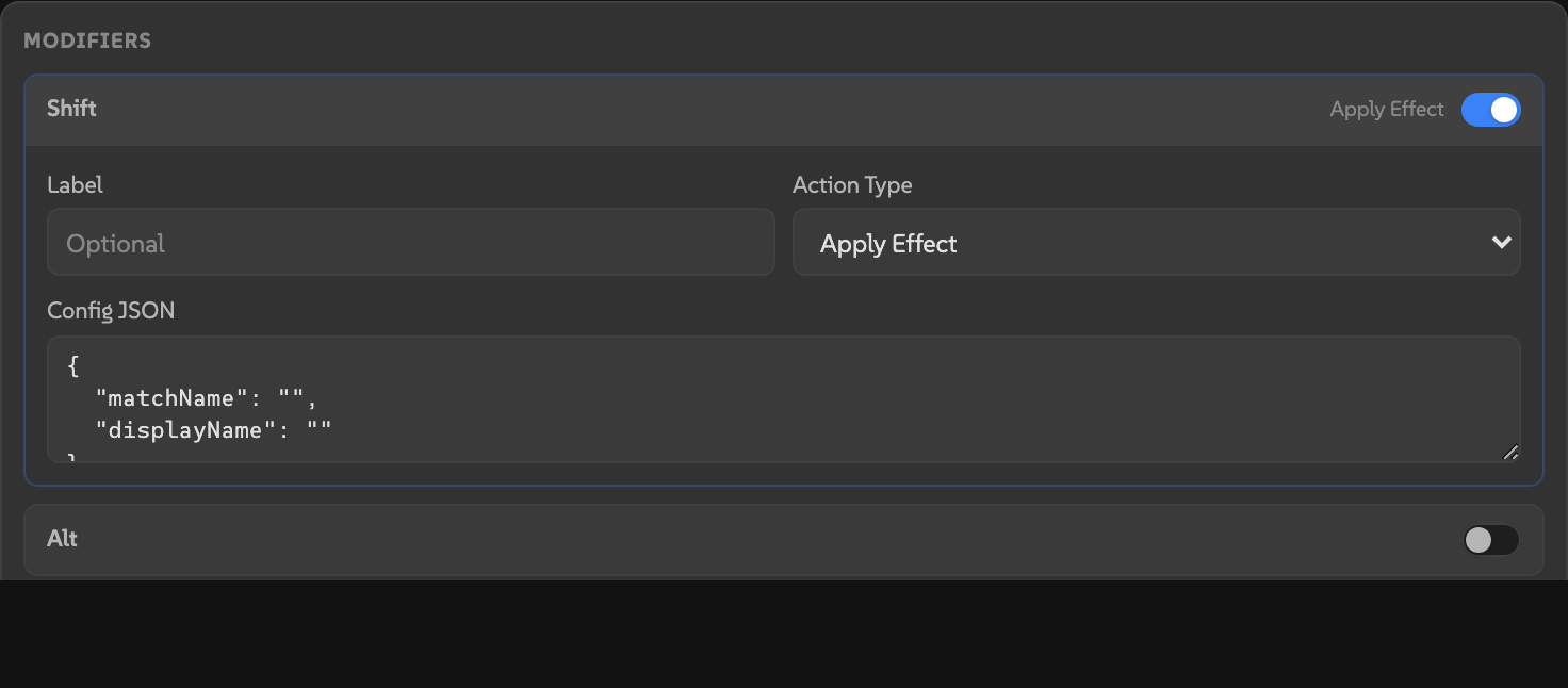 AEbar editor modifiers section with the Shift modifier expanded showing action type and JSON config.
