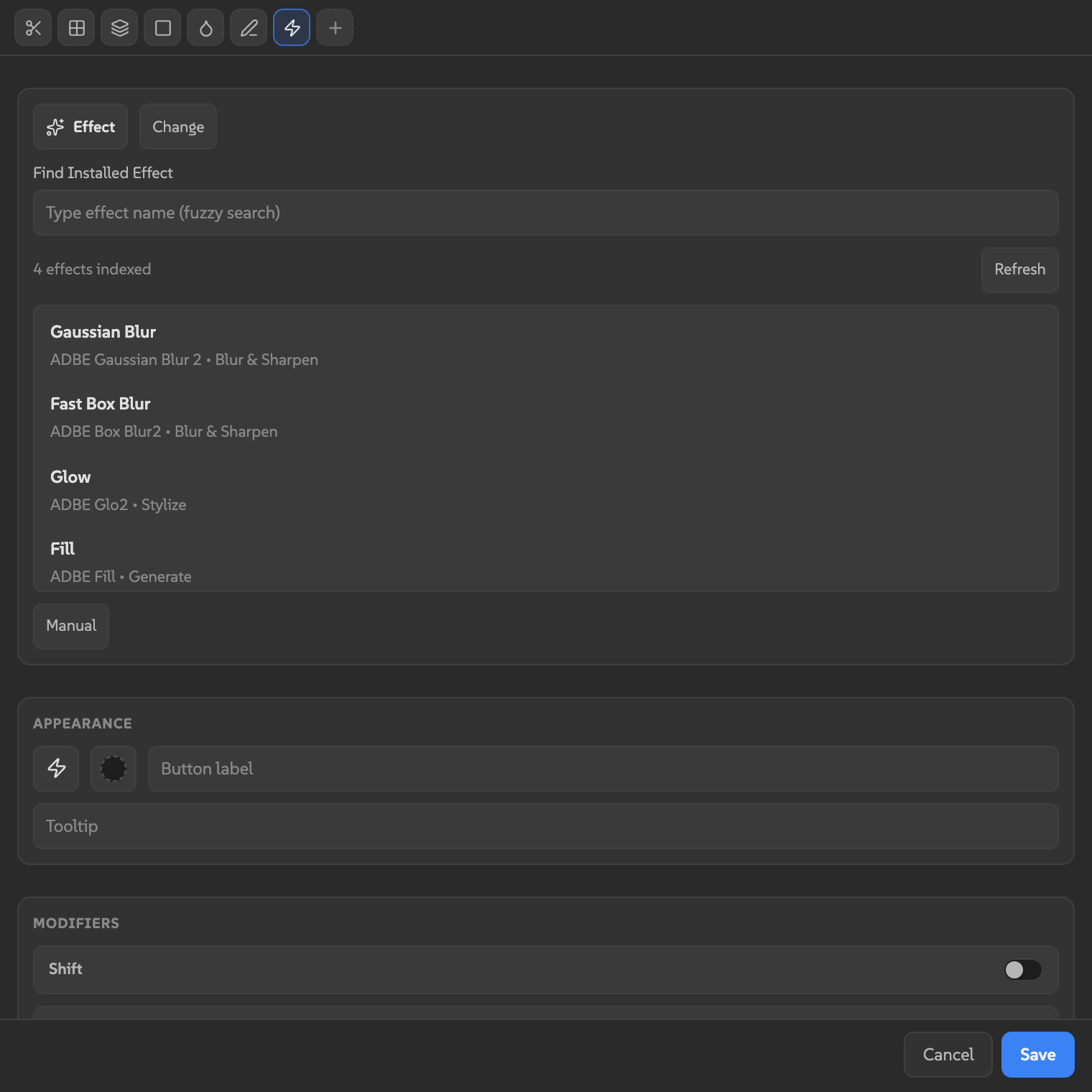 The AEbar button editor window with the action type row at the top and the selected action's fields below.