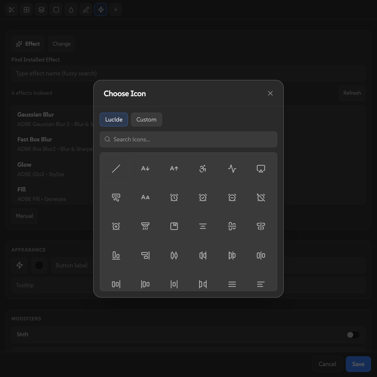 AEbar icon picker modal showing icon tabs, a search field, and the icon grid.