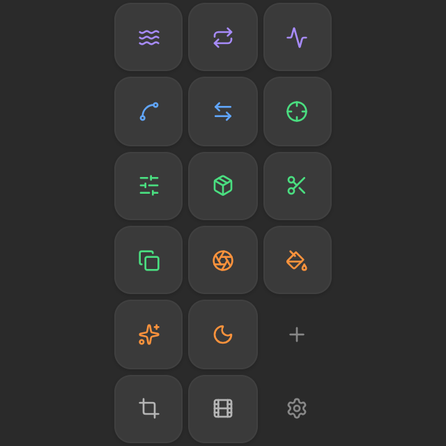 AEbar panel showing a grid of colorful icon buttons from the Motion Essentials bar, with add and settings controls at the bottom.