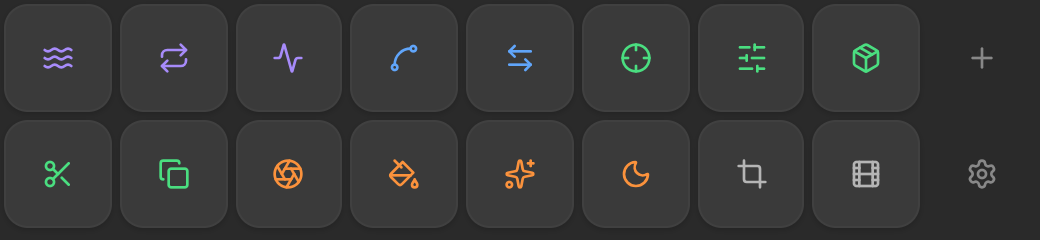 AEbar in a wide horizontal layout showing two rows of icon buttons filling the panel width.