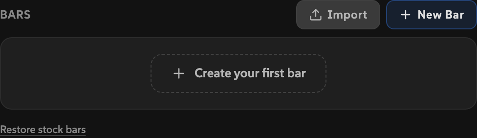 AEbar settings Bars section showing bar cards with button counts and action icons.