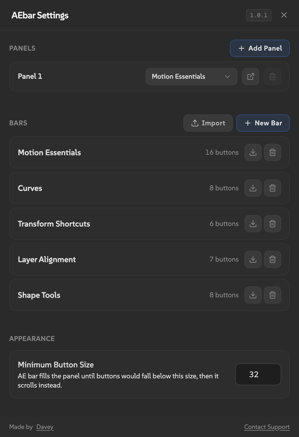 The AEbar settings window with panels, bar list, appearance, and safety sections.