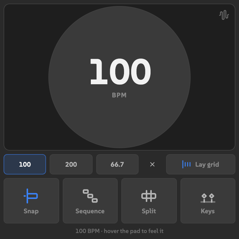 Example detection choices of 100, 200, and 66.7 BPM, with 100 selected and an X to return to subdivisions.