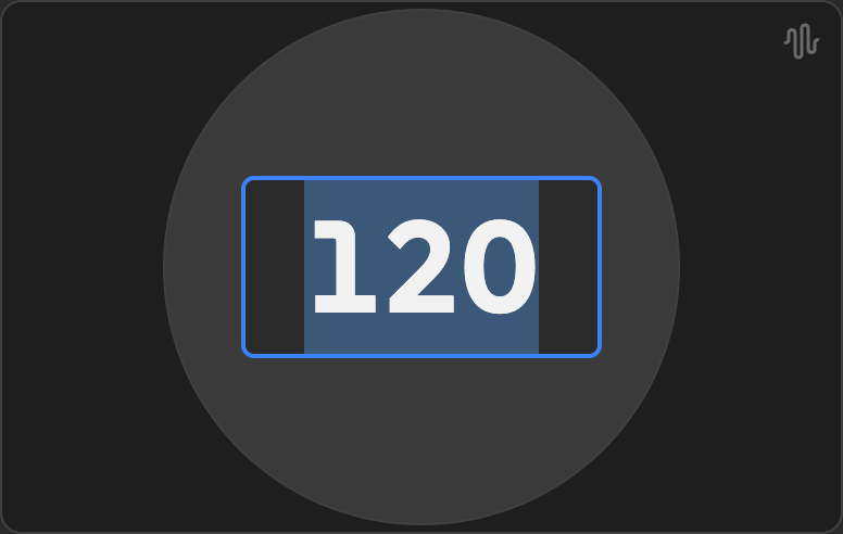 The round tempo pad with its numeric input open at 120.