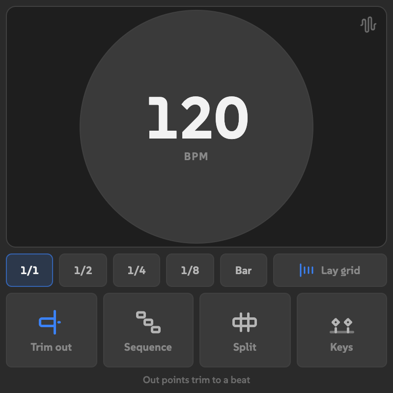 Alt-hover changes the Snap button to Trim out and shows the hint Out points trim to a beat.