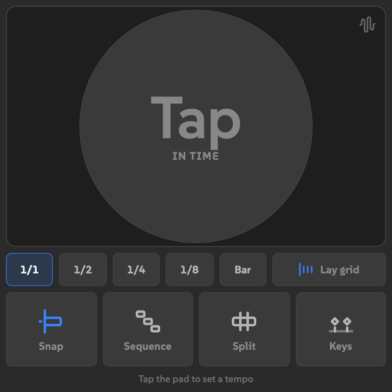 BPM before a tempo is set, with the Tap pad, waveform button, subdivisions, Lay grid, Snap, Sequence, Split, and Keys.