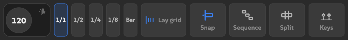 BPM in a short row with a small 120 tempo pad, five subdivisions, a grid icon, and all four action icons.