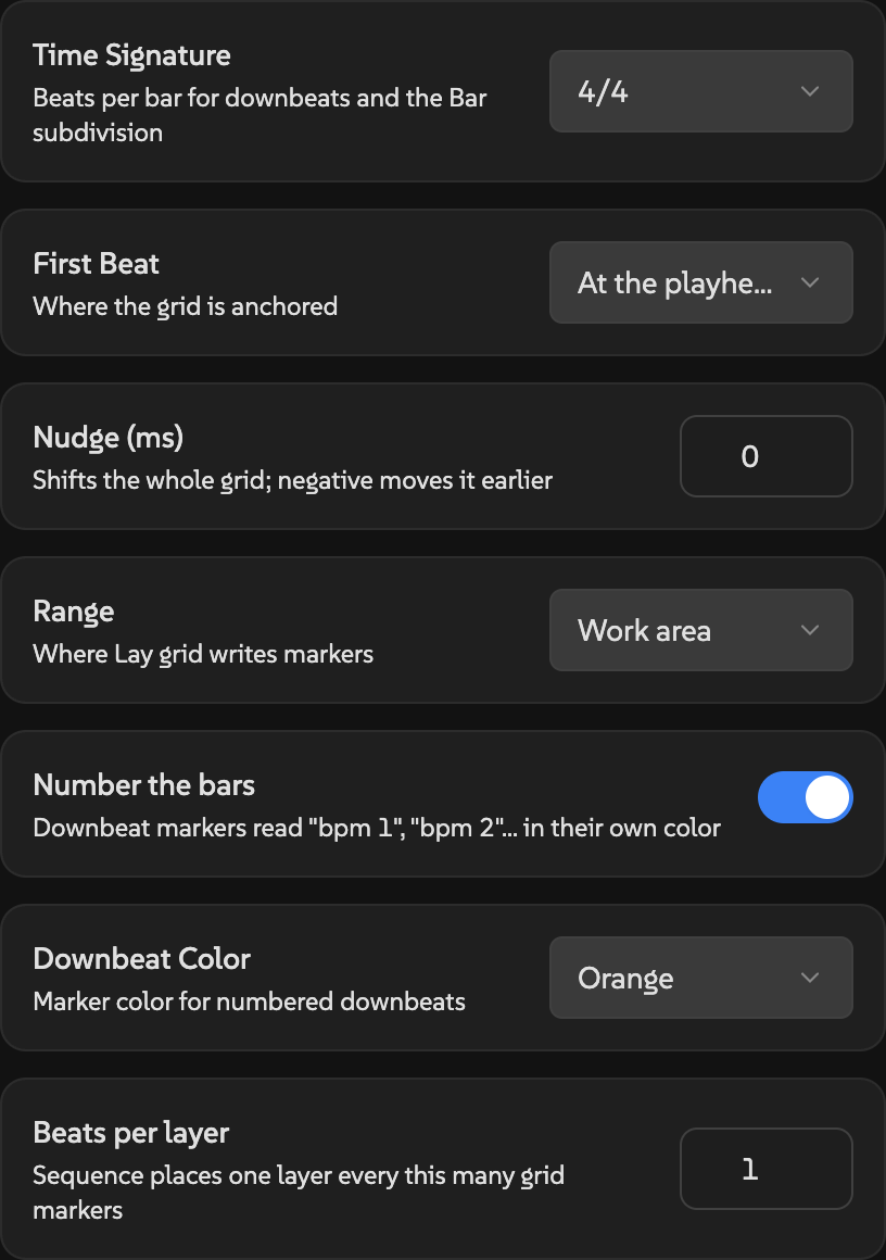 BPM settings showing time signature, first beat, nudge, range, bar numbering, downbeat color, and beats per layer.