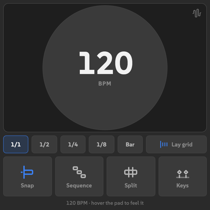 BPM set to 120 with 1/1 selected and Lay grid beside the subdivisions.