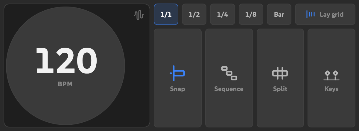 BPM in a wide slot with the tempo pad on the left and subdivisions and actions on the right.