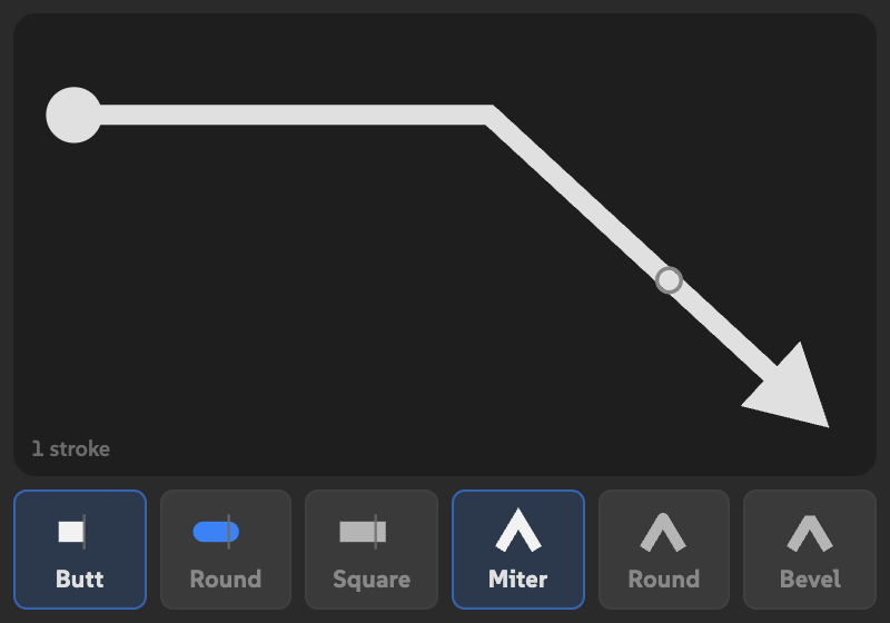 Butthead's bent sample stroke with a dot at the start, a triangle arrowhead at the end, the taper ring, and six cap and join buttons.