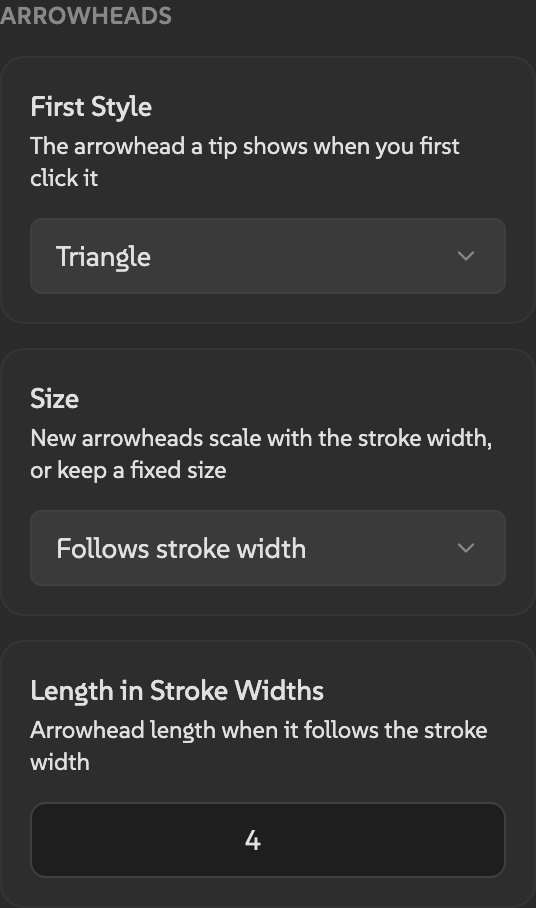Default Arrowheads settings with First Style set to Triangle, Size set to Follows stroke width, and Length in Stroke Widths set to 4.