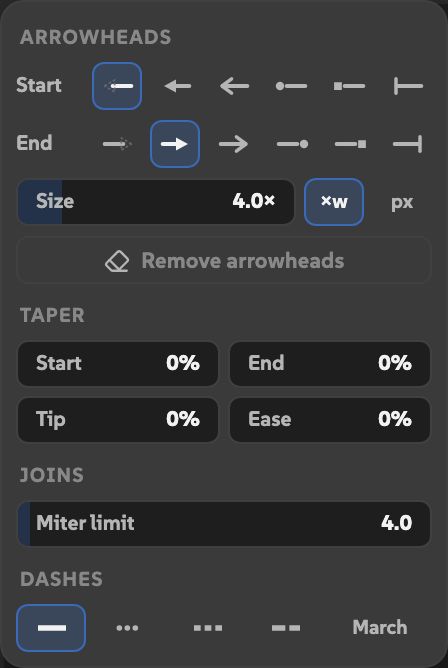 Butthead's right-click menu with arrowhead styles, Size, taper controls, Miter limit, and Dashes.