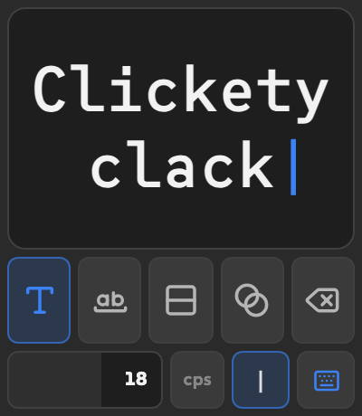 Clickety in a half-width slot, with a sample, five style icons, speed, cursor, and keyboard Apply button.