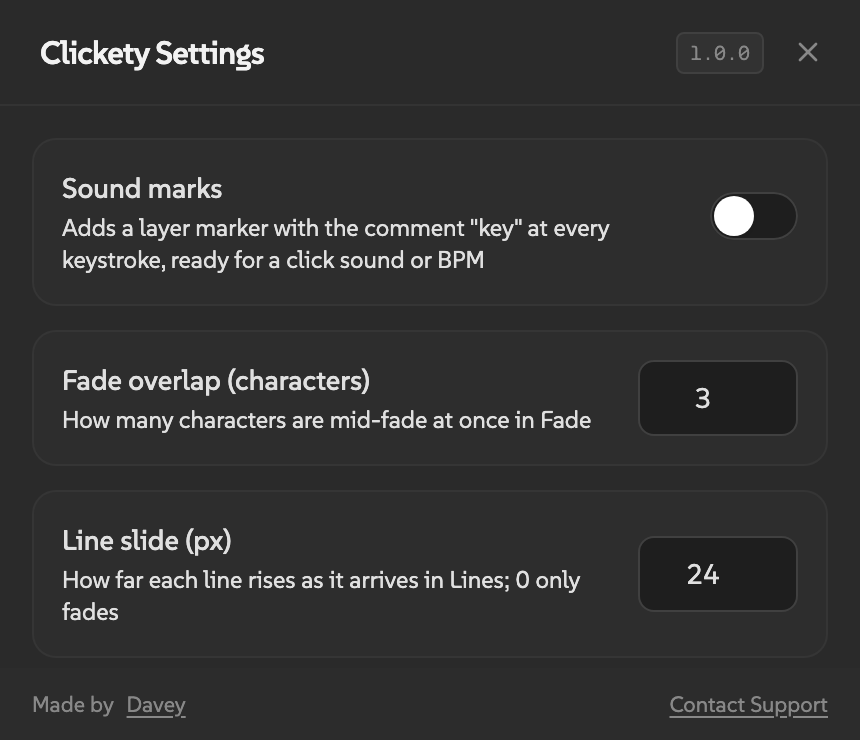 Clickety settings showing Sound marks off, Fade overlap at 3 characters, and Line slide at 24 pixels.