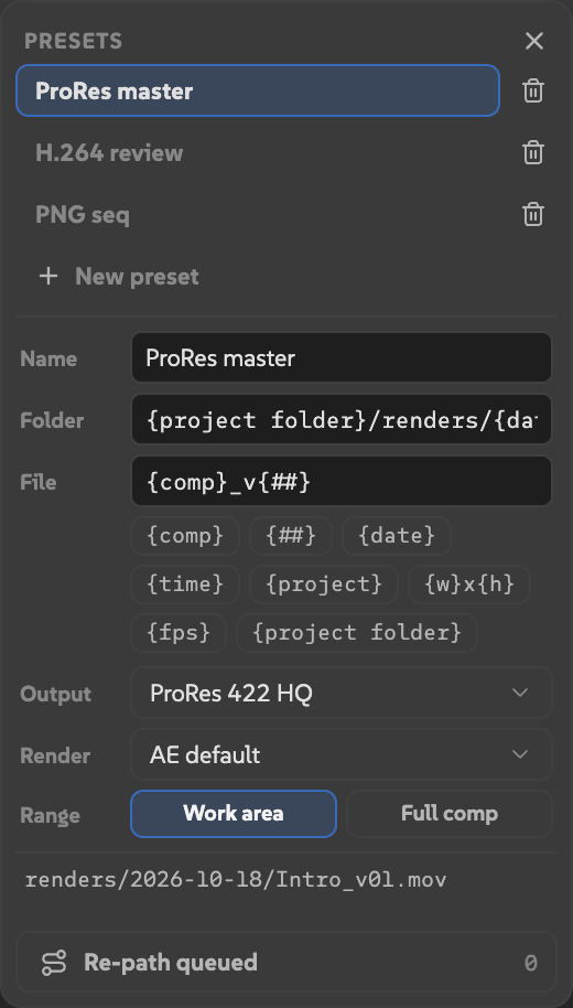 The Presets editor with folder and file patterns, token buttons, Output, Render, Range, and Re-path queued.