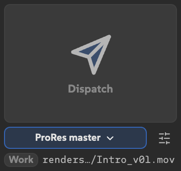 Dispatch at 180 by 170 pixels with one active preset dropdown, sliders button, and shortened output path.