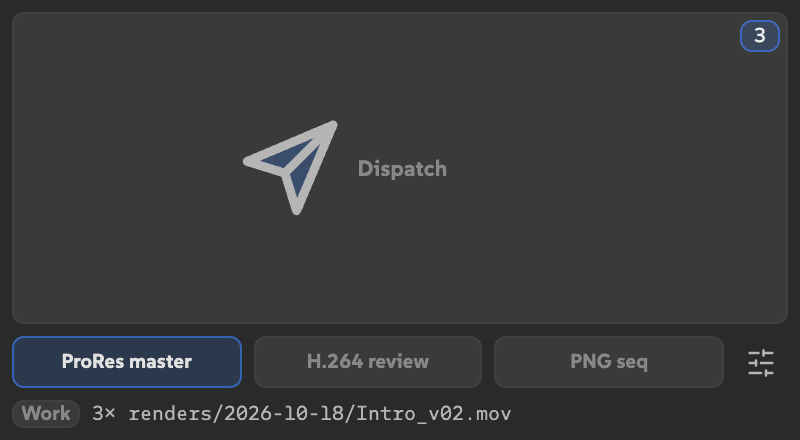 Example Dispatch state with three items waiting in the Render Queue, a clickable count of 3, and a preview for three selected comps.