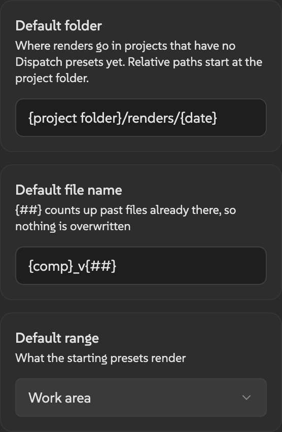 Dispatch module settings with Default folder, Default file name, and Default range.