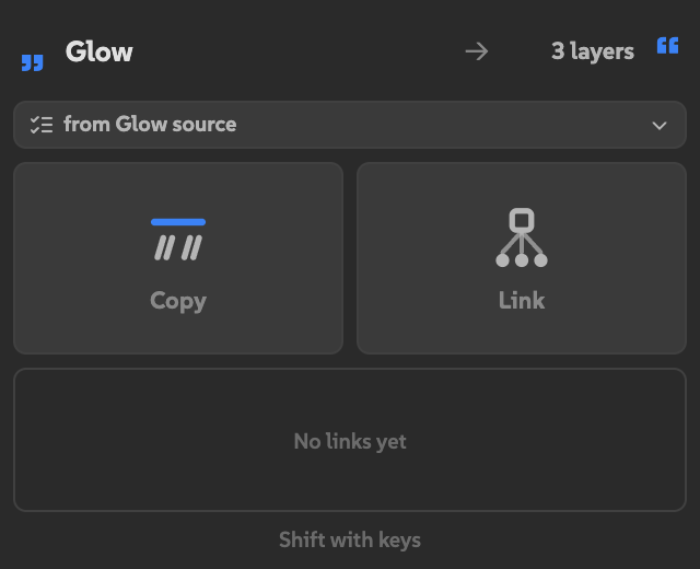 Ditto with Glow chosen from Glow source, three destination layers, and Copy and Link buttons.