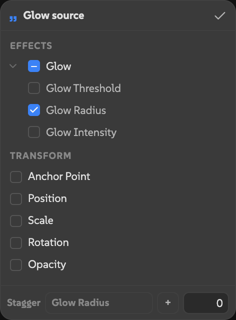 The Ditto picker with Glow expanded and only Glow Radius checked, above Transform properties.