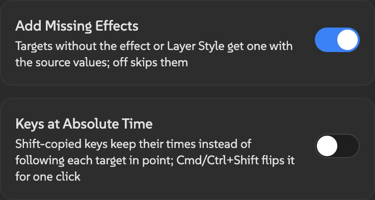 Ditto settings with Add Missing Effects on and Keys at Absolute Time off.