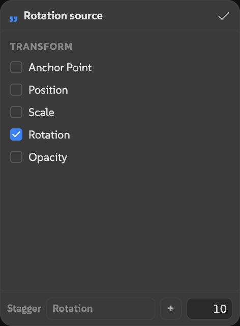 Rotation picked in Ditto, with Stagger set to Rotation, plus, and 10.