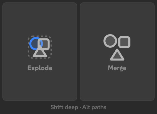 Explode's two tiles, Explode and Merge, with the Shift deep and Alt paths hint below.
