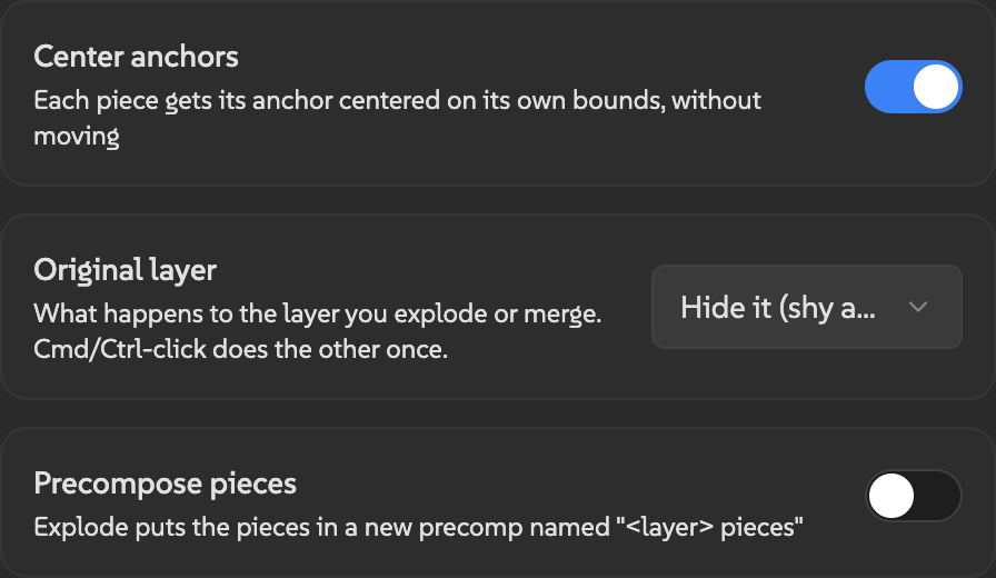Explode settings with Center anchors on, Original layer set to Hide it (shy and off), and Precompose pieces off.