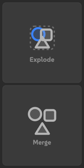 Explode in a 140 by 280 pixel slot, with Explode above Merge and no hint line.