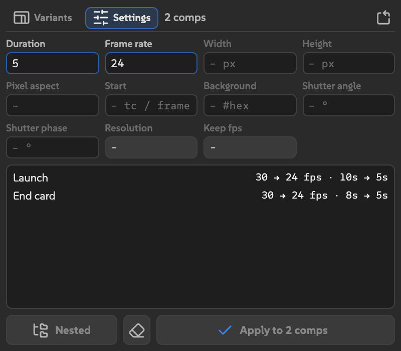 Fits Settings tab with Duration 5 and Frame rate 24 entered, showing the proposed changes for Launch and End card