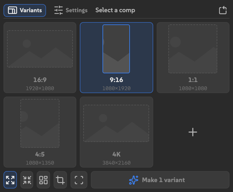 Fits showing Select a comp in the source area while the default output frames remain available
