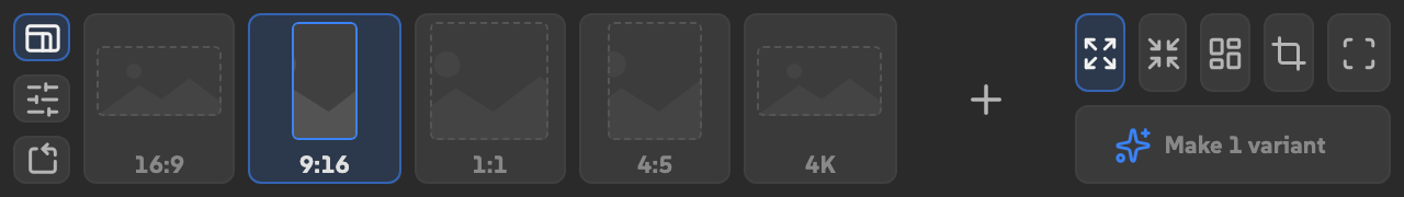 Fits arranged in a short wide slot with tabs on the left, frame tiles in the center, and mode and Make controls on the right