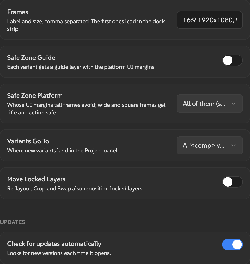 Fits module settings showing Frames, Safe Zone Guide, Safe Zone Platform, Variants Go To, and Move Locked Layers