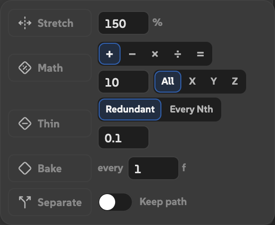 The More drawer with a Stretch percentage field beside its Stretch button.
