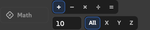 Math controls in the More drawer, including five operations, a value field and All, X, Y and Z axis buttons.
