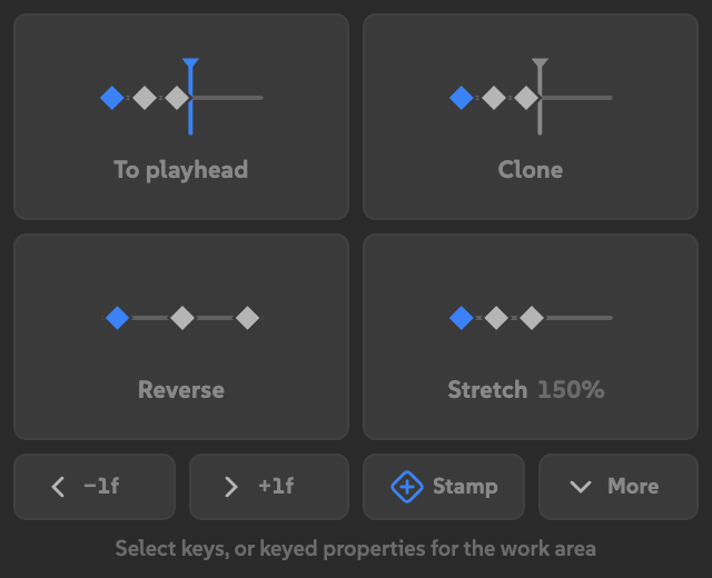 Keymaster with To playhead, Clone, Reverse, Stretch 150%, frame nudge buttons, Stamp and More.