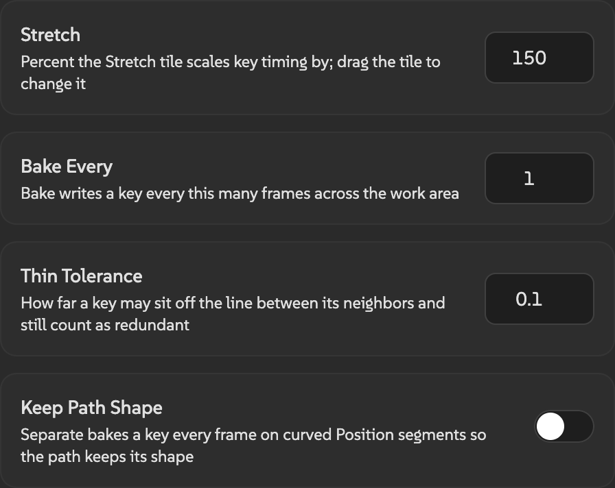 Keymaster settings showing Stretch, Bake Every, Thin Tolerance and Keep Path Shape at their defaults.