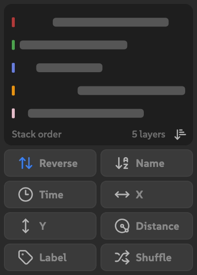 An illustrative five-layer selection, with colored timing bars, Stack order, and 5 layers in Lineup's preview.
