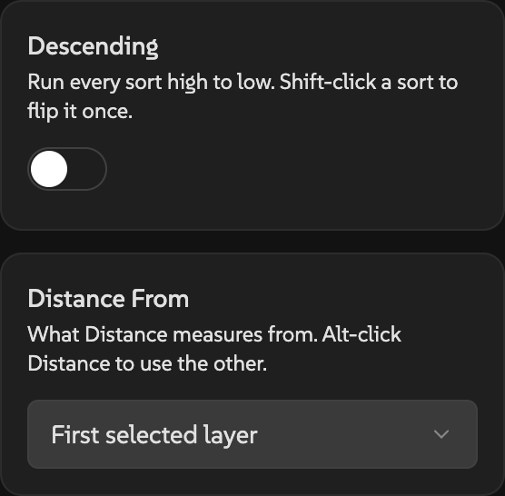 Lineup settings with Descending switched off and Distance From set to First selected layer.