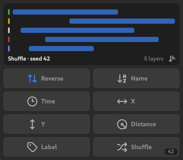 An illustrative Shuffle preview with saved seed 42 on the Shuffle button and in the preview caption.