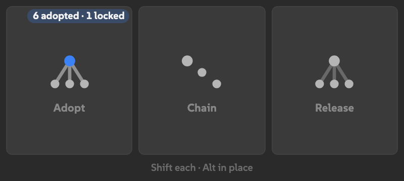 A sample Adopt result badge reading 6 adopted · 1 locked inside the Adopt tile.